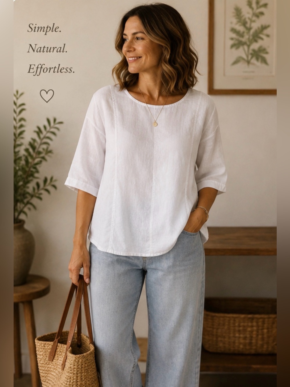 Viola Borghi Made in Italy White 100% Linen Blouse Top Medium Coastal Lagenlook